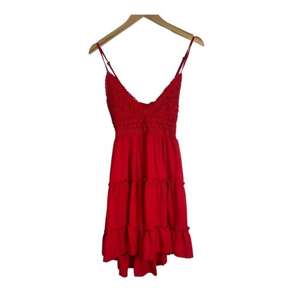 Red Tiered V-Neck Embroidered Mini Dress Open Back Size Large Cowgirl Western - Picture 2 of 9